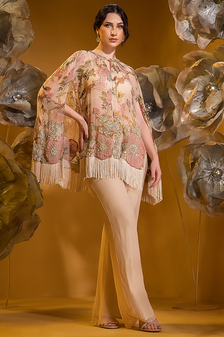 Beige Chiffon Printed & Embroidered Cape Set by Q by Sonia Baderia at Pernia's Pop Up Shop