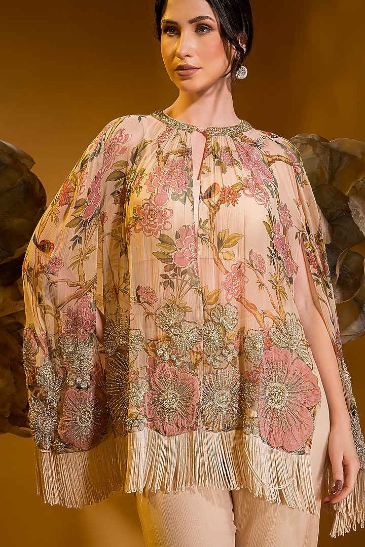 Beige Chiffon Printed & Embroidered Cape Set by Q by Sonia Baderia at Pernia's Pop Up Shop