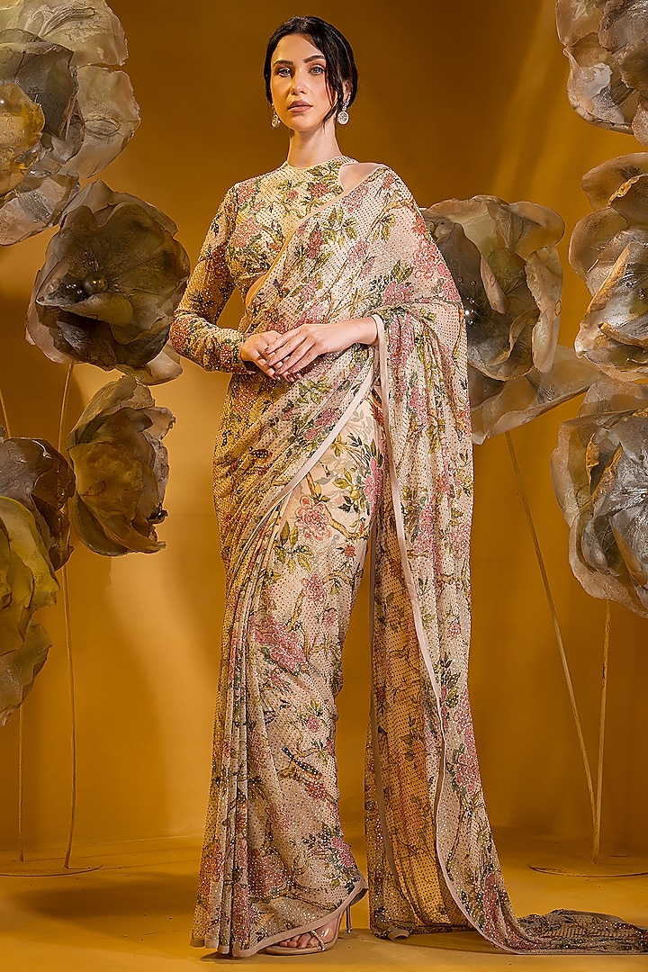 Beige Chiffon Printed Saree Set by Q by Sonia Baderia at Pernia's Pop Up Shop