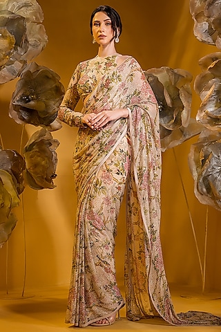 Beige Chiffon Printed Saree Set by Q by Sonia Baderia