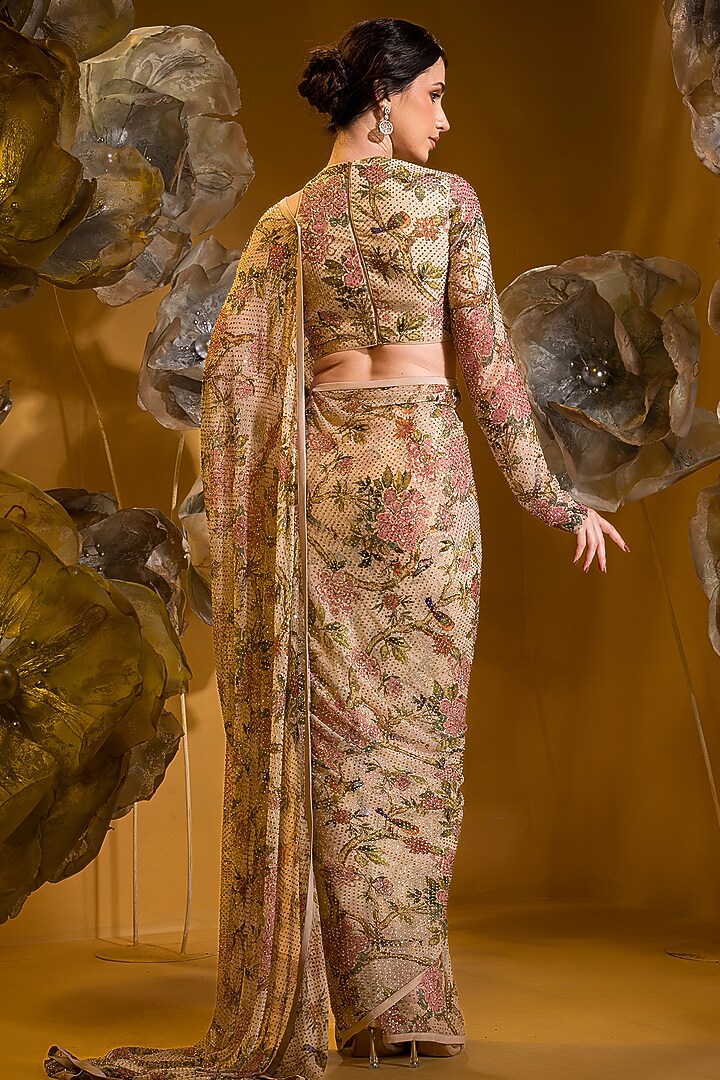 Beige Chiffon Printed Wedding Saree Set by Q by Sonia Baderia at Pernia's Pop Up Shop
