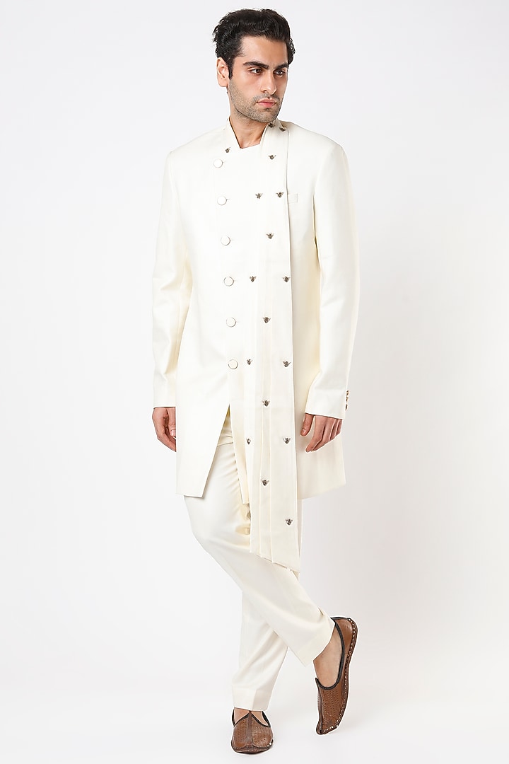 White Embroidered Draped Indo-Western Jacket Set by Qbik Men at Pernia's Pop Up Shop