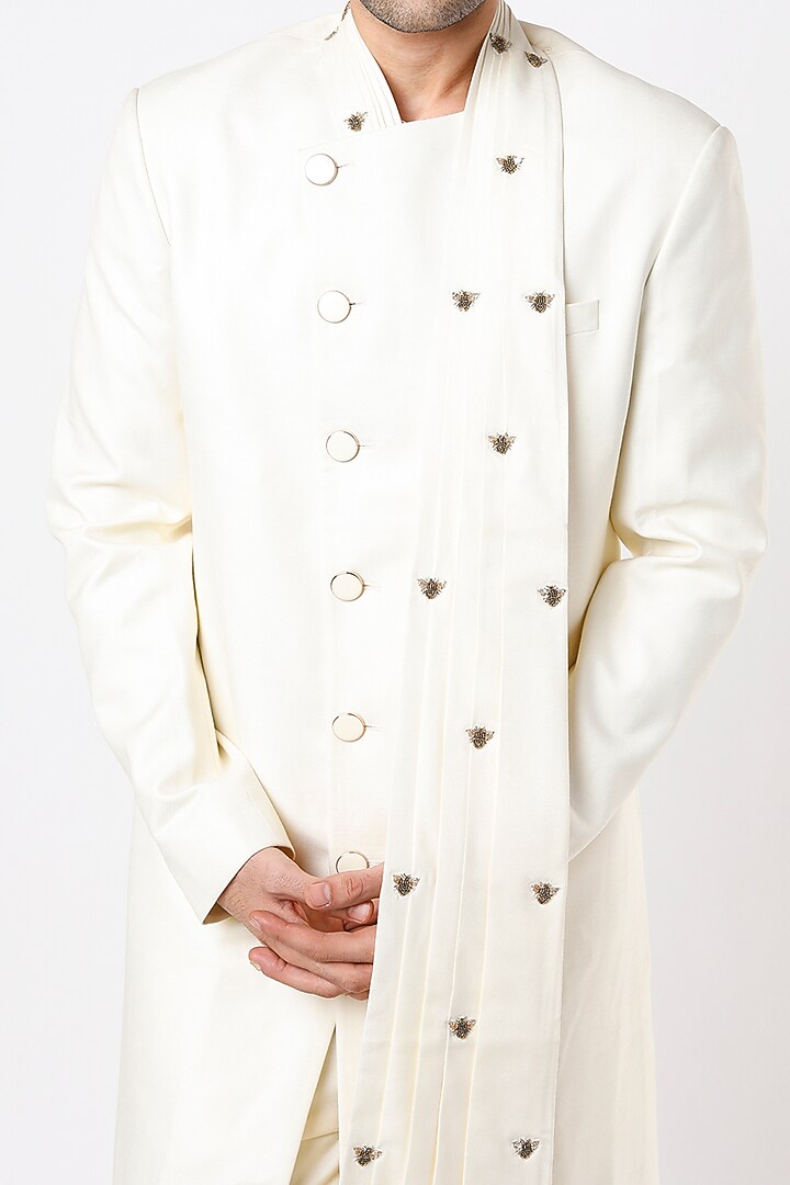 White Embroidered Draped Indo-Western Jacket Set by Qbik Men at Pernia's Pop Up Shop
