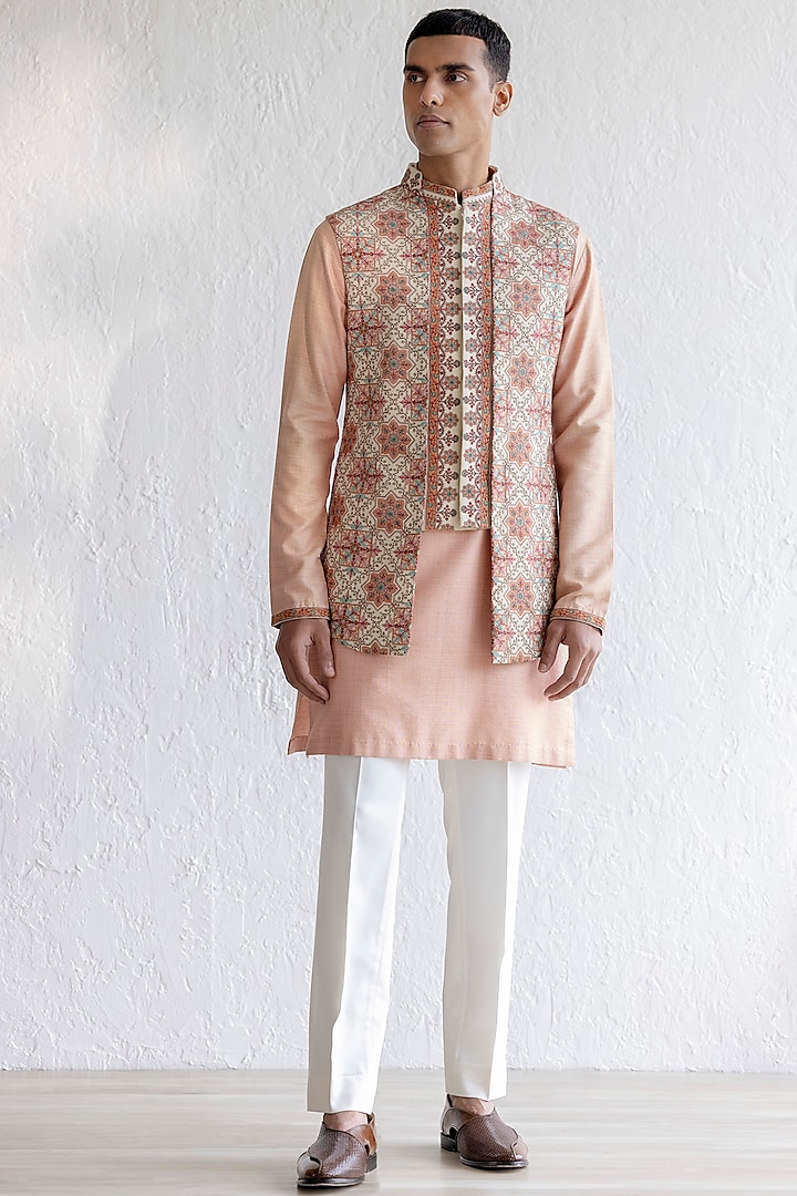 Pink Matka Silk Kurta Set With Bundi Jacket by Qbik Men