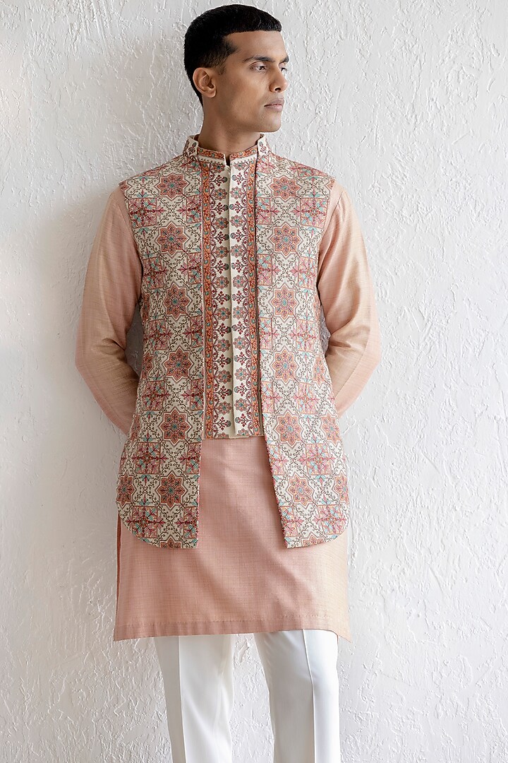 Pink Matka Silk Kurta Set With Bundi Jacket by Qbik Men at Pernia's Pop Up Shop