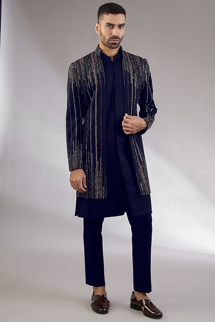 Navy Blue Viscose Wool Sequins Embroidered Double-Paneled Indowestern Set by Qbik Men