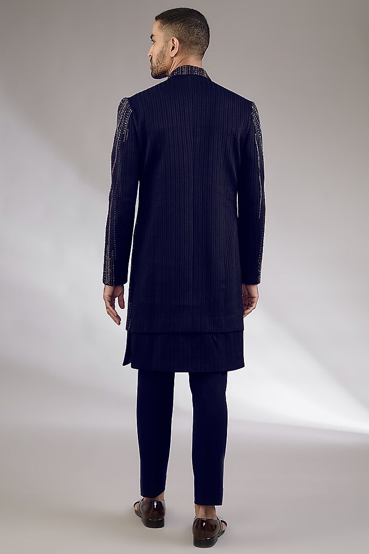 Navy Blue Viscose Wool Sequins Embroidered Double-Paneled Groom Indowestern Set by Qbik Men at Pernia's Pop Up Shop