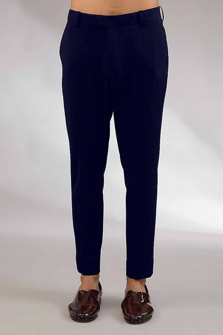 Navy Blue Viscose Wool Sequins Embroidered Double-Paneled Groom Indowestern Set by Qbik Men at Pernia's Pop Up Shop