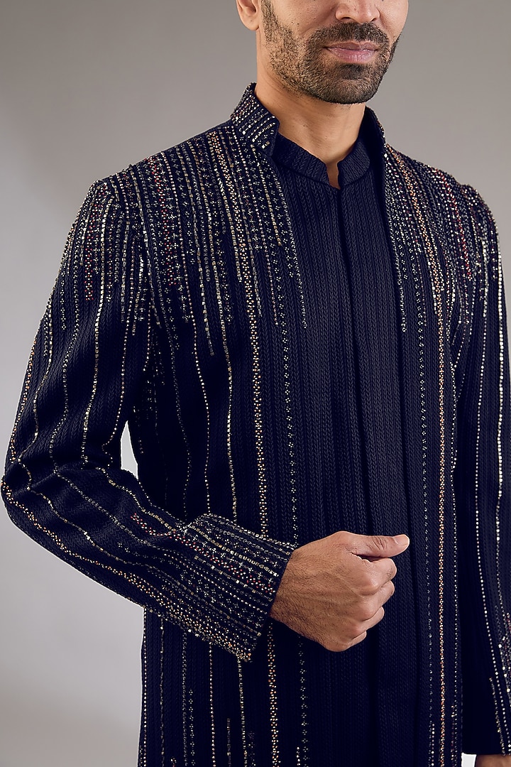 Navy Blue Viscose Wool Sequins Embroidered Double-Paneled Groom Indowestern Set by Qbik Men at Pernia's Pop Up Shop
