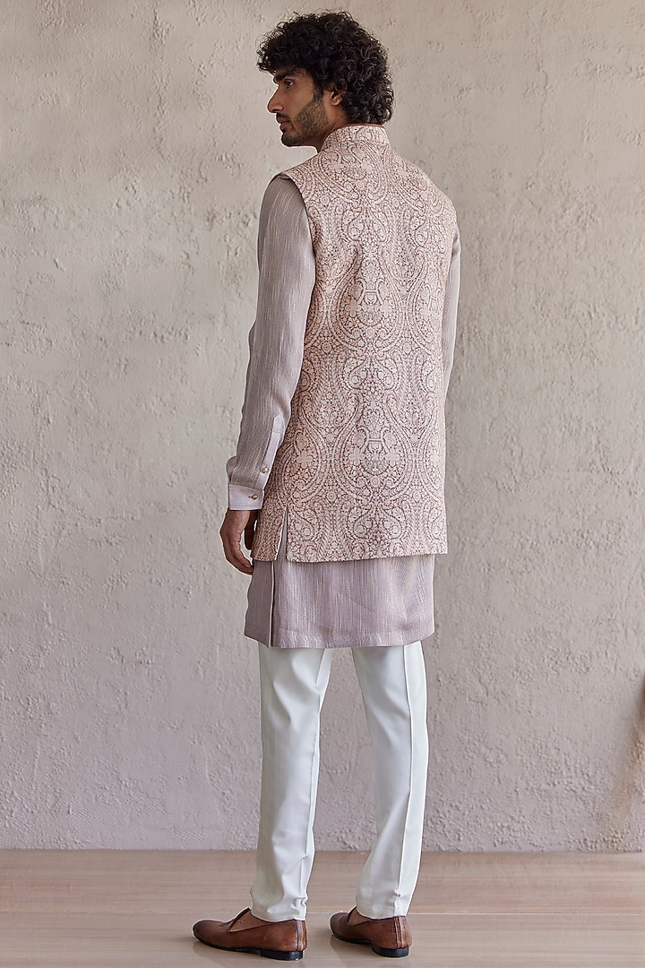 Peach Silk Embroidered Wedding Indowestern Set by Qbik Men at Pernia's Pop Up Shop
