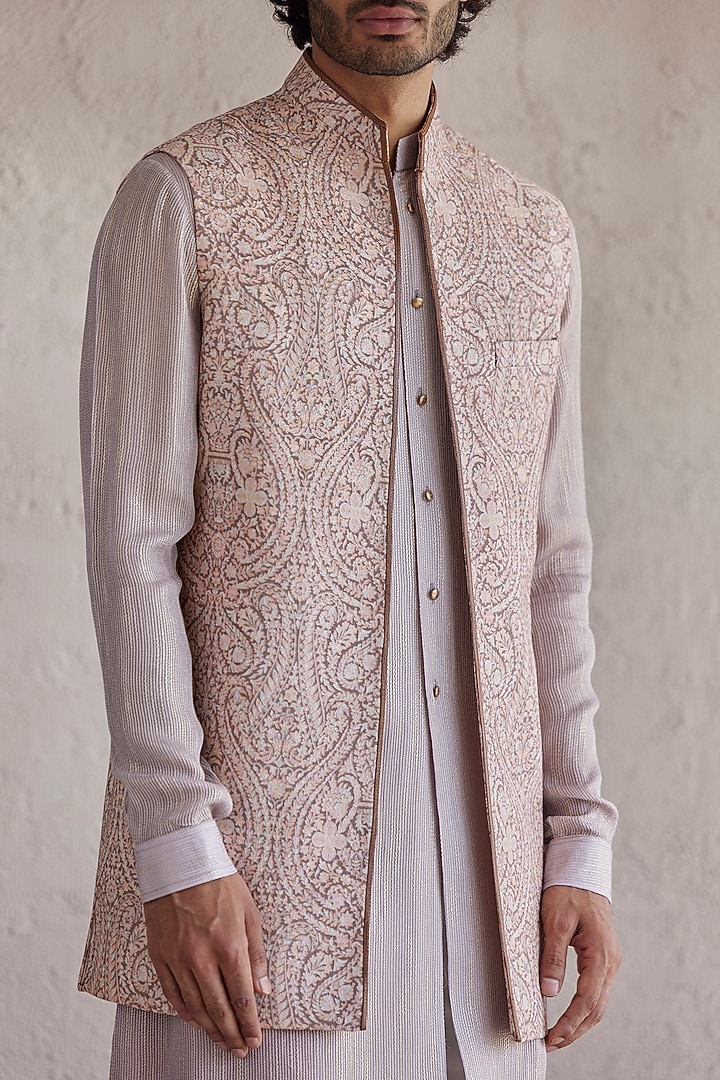 Peach Silk Embroidered Wedding Indowestern Set by Qbik Men at Pernia's Pop Up Shop