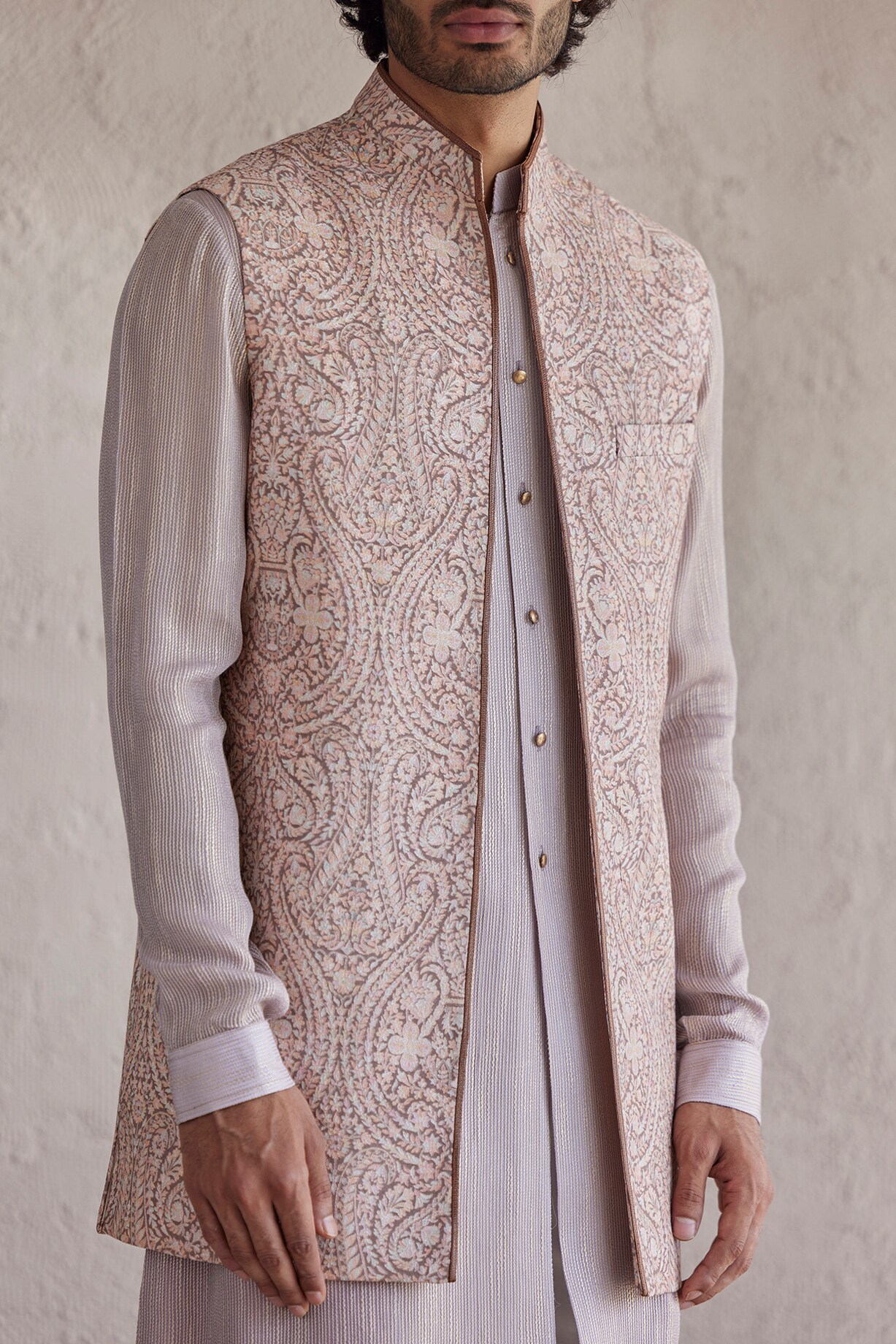 Buy Qbik Men Peach Silk Embroidered Indowestern Set at Pernia ...