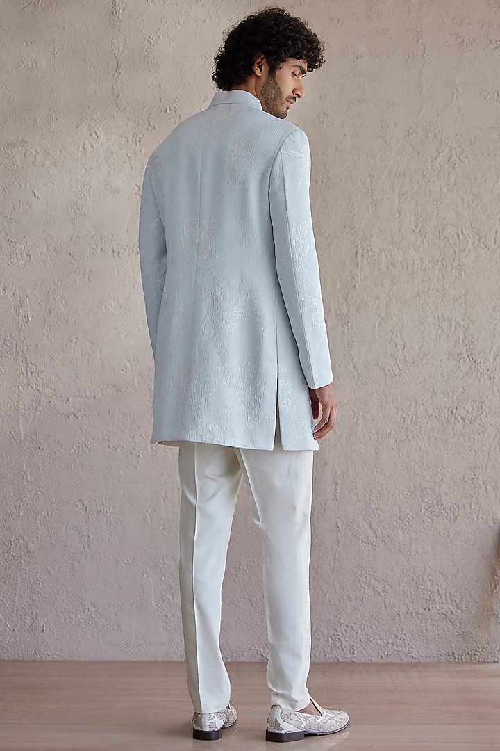 Powder Blue & Ivory Jacquard Embroidered Wedding Indowestern Set by Qbik Men at Pernia's Pop Up Shop