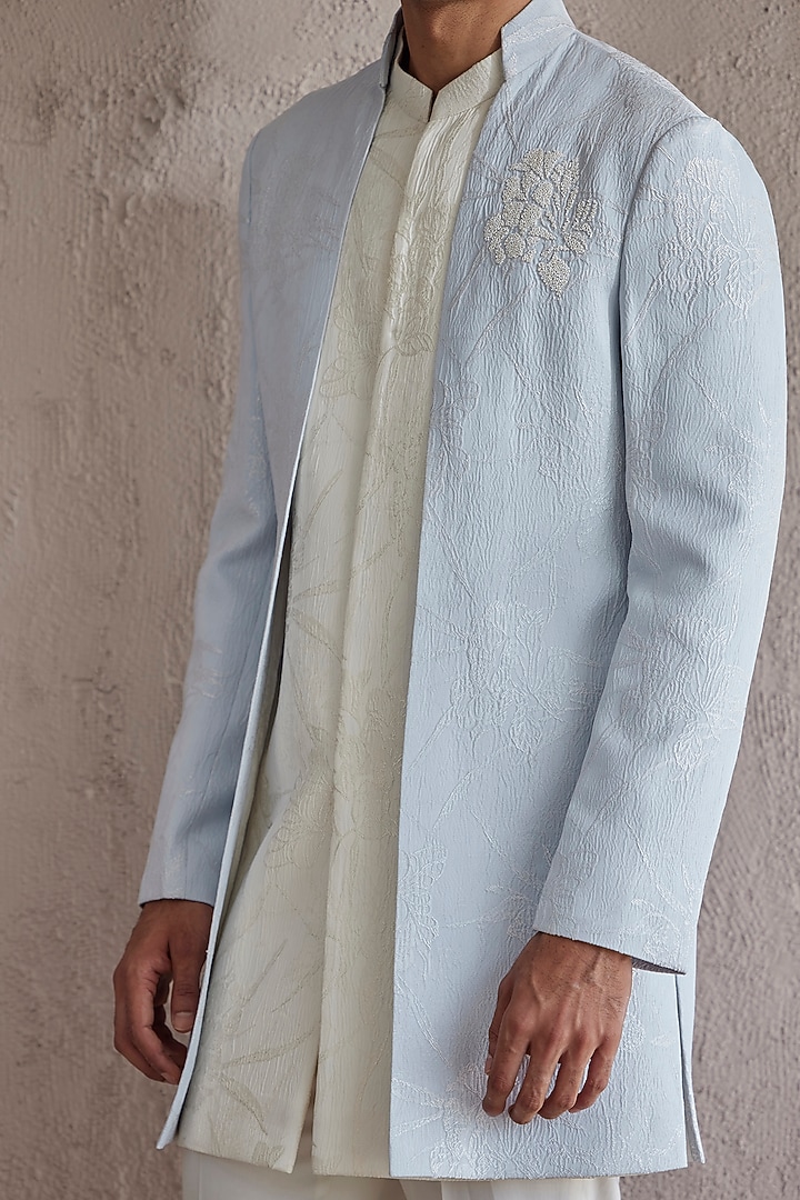 Powder Blue & Ivory Jacquard Embroidered Wedding Indowestern Set by Qbik Men at Pernia's Pop Up Shop