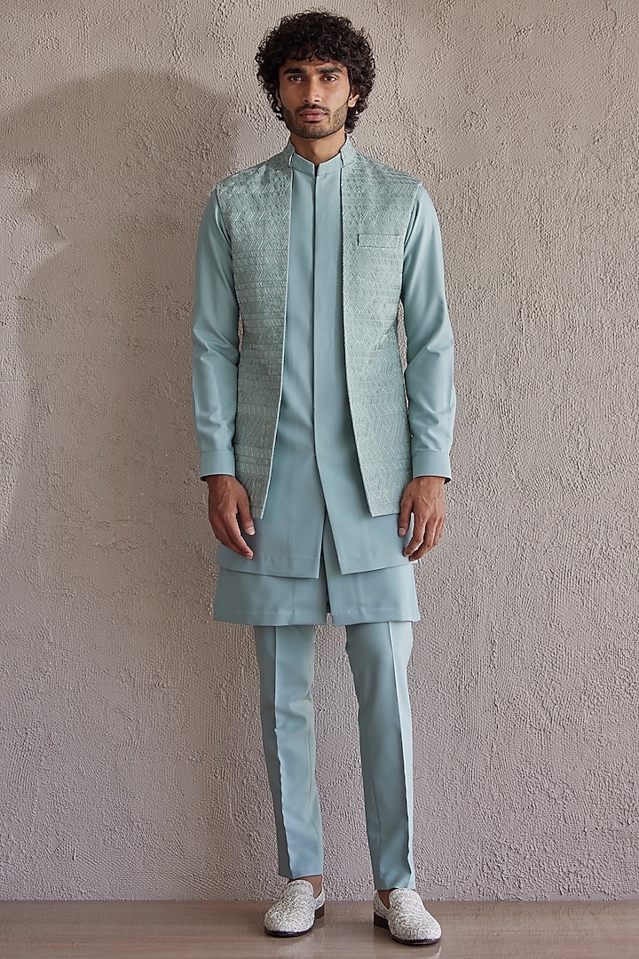Sea Green Viscose Wool Embroidered Panelled Indowestern Jacket Set by Qbik Men