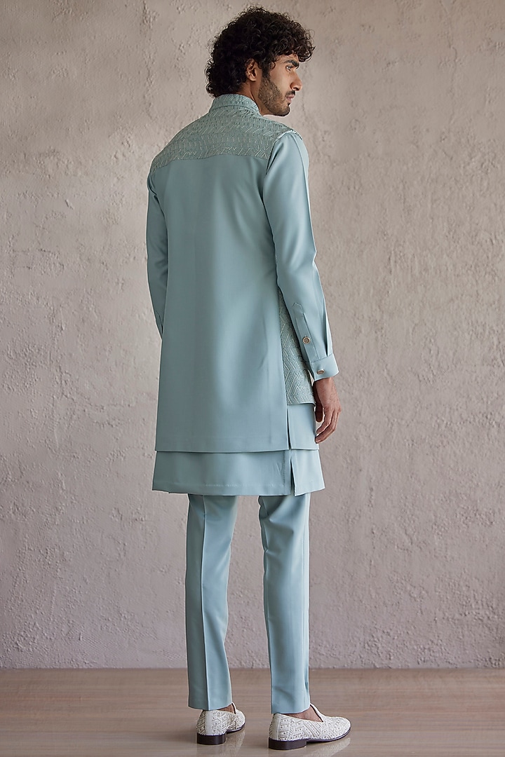 Sea Green Viscose Wool Embroidered Panelled Wedding Indowestern Jacket Set by Qbik Men at Pernia's Pop Up Shop