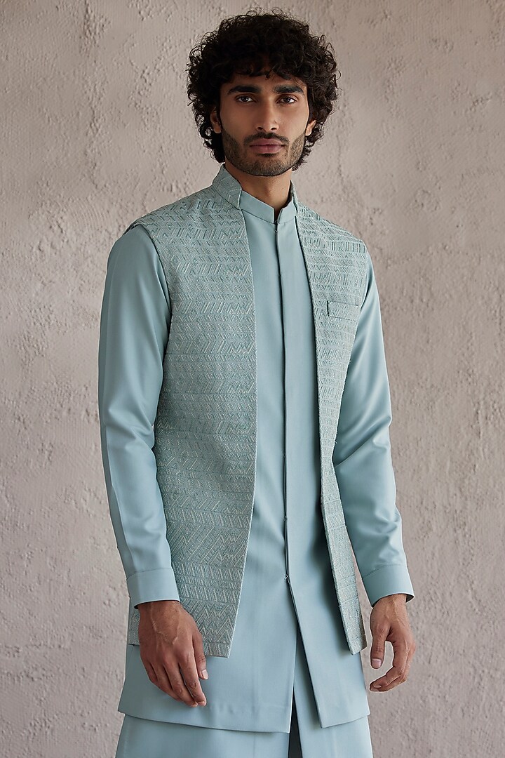 Sea Green Viscose Wool Embroidered Panelled Wedding Indowestern Jacket Set by Qbik Men at Pernia's Pop Up Shop