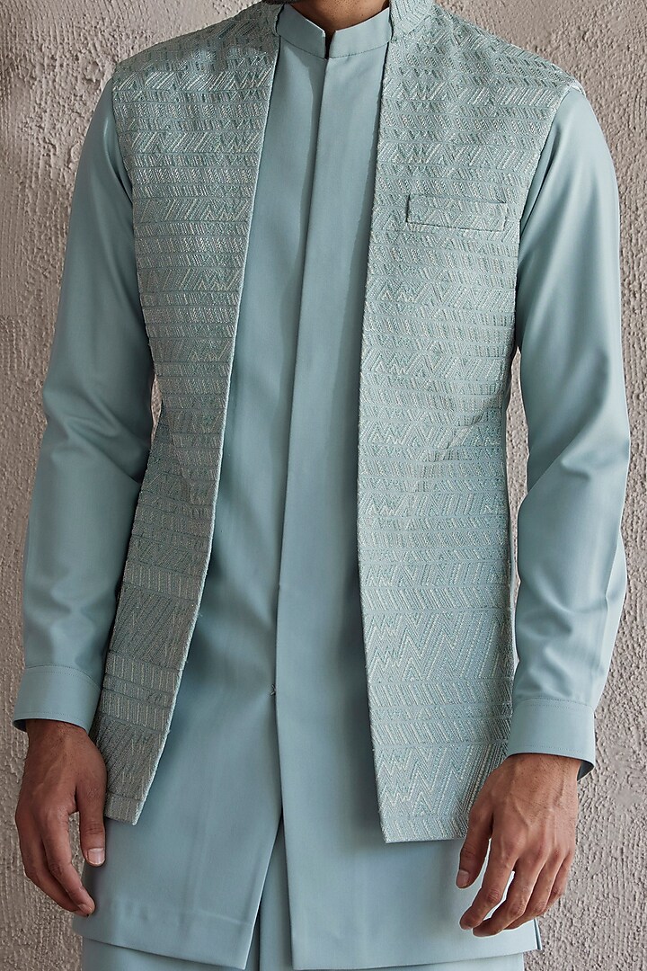 Sea Green Viscose Wool Embroidered Panelled Wedding Indowestern Jacket Set by Qbik Men at Pernia's Pop Up Shop