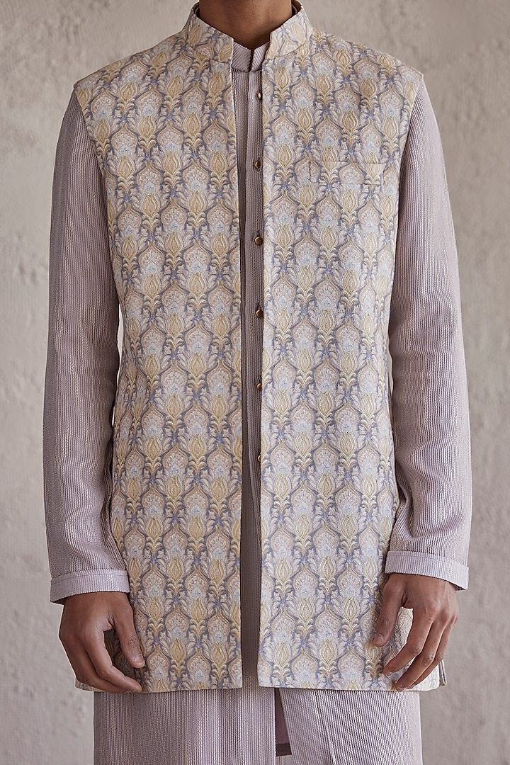 Lavender Jacquard Embroidered Front Open Wedding Indowestern Jacket Set by Qbik Men at Pernia's Pop Up Shop