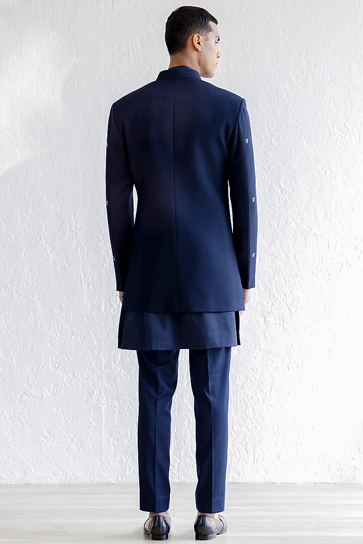 Navy Blue Wool Viscose Indo-Western Set by Qbik Men at Pernia's Pop Up Shop