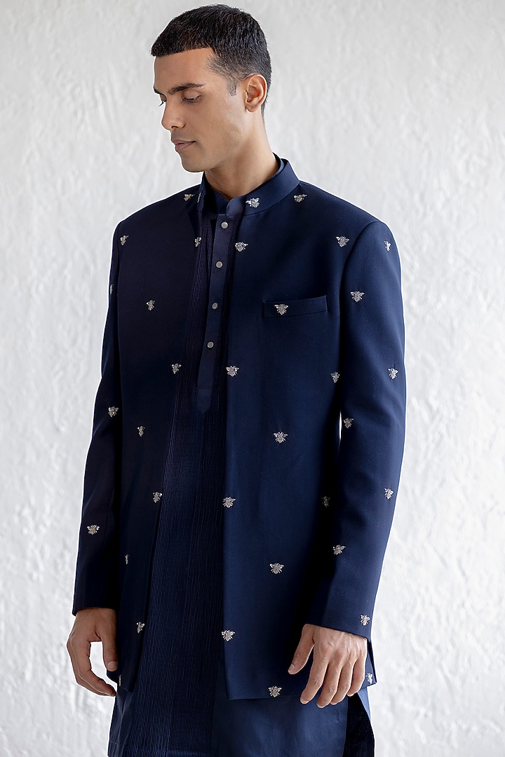 Navy Blue Wool Viscose Indo-Western Set by Qbik Men at Pernia's Pop Up Shop