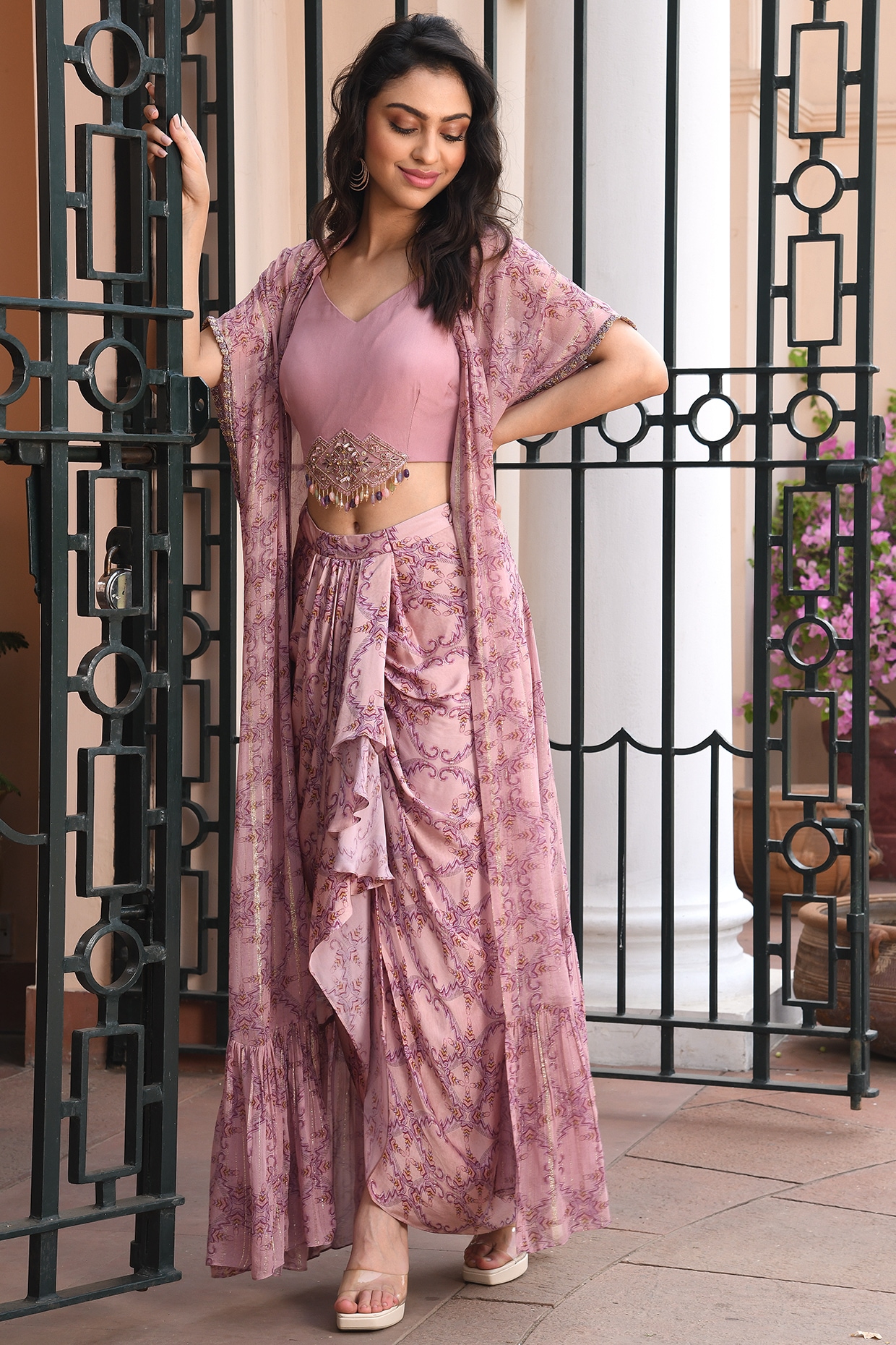 Beautiful Designer western Style Dhoti on Silk Fabric with Thred work with  Shrug & Crop Top : Amazon.in: Fashion