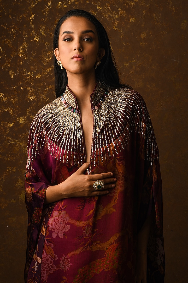Maroon Embroidered Kaftan by Q by Sonia Baderia at Pernia's Pop Up Shop