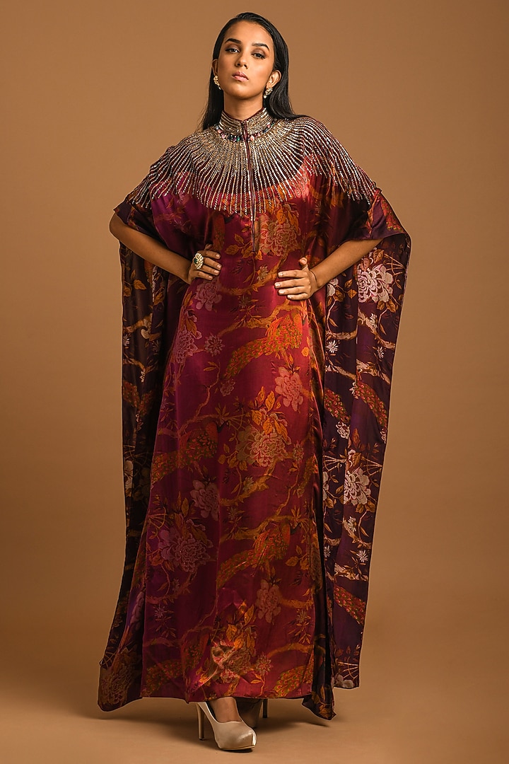 Maroon Embroidered Kaftan by Q by Sonia Baderia at Pernia's Pop Up Shop