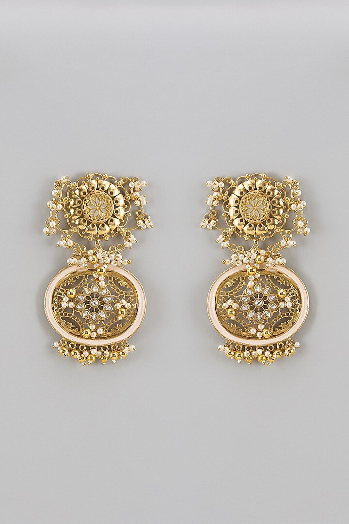 Gold Finish Kundan Polki Chandbali Earrings by Qisbyashmeet at Pernia's Pop Up Shop