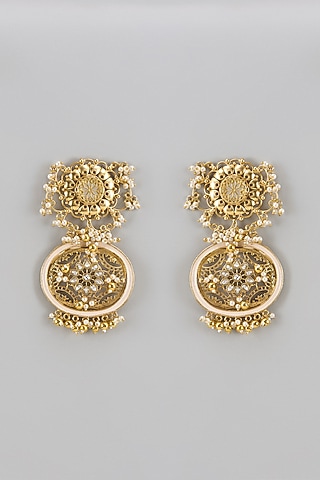 Gold Finish Kundan Polki Chandbali Earrings by Qisbyashmeet