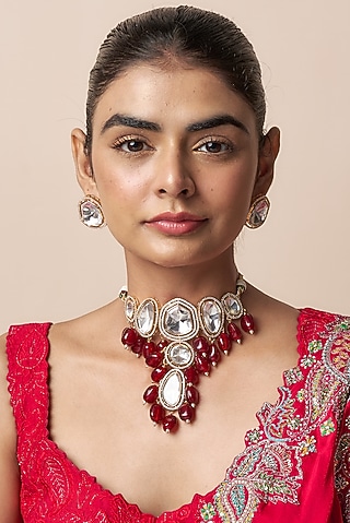 Gold Finish Ruby Stone & Kundan Polki Choker Necklace Set by Qisbyashmeet