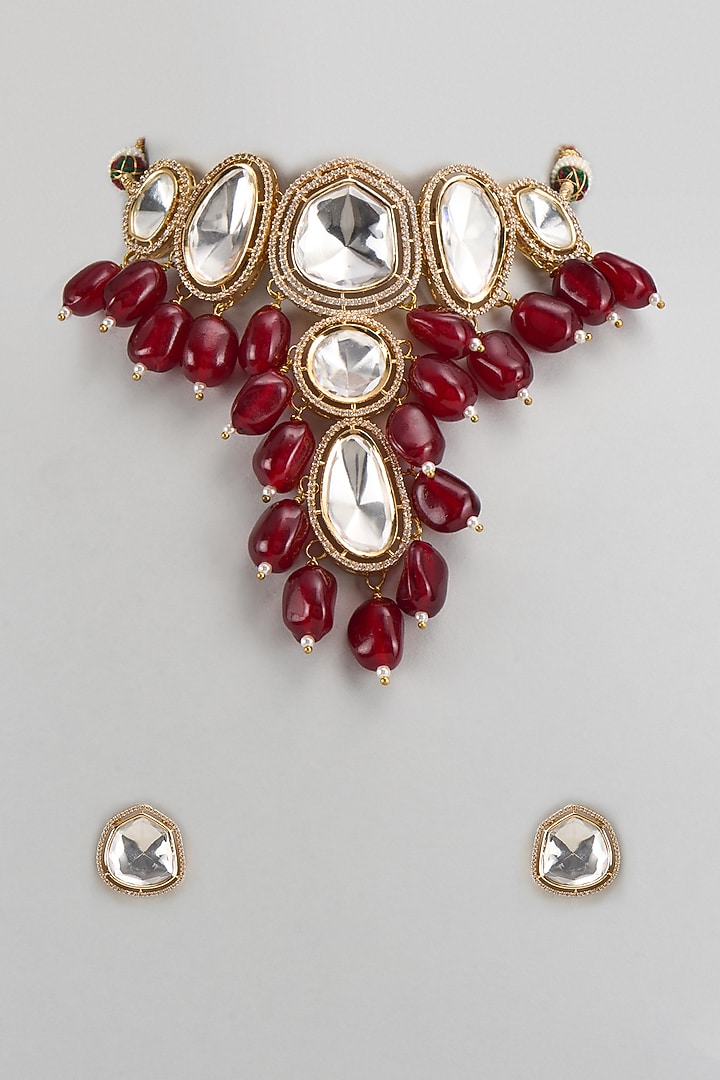 Gold Finish Ruby Stone & Kundan Polki Choker Necklace Set by Qisbyashmeet at Pernia's Pop Up Shop