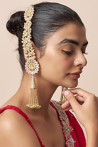 Gold Finish Kundan Polki Dangler Earrings by Qisbyashmeet