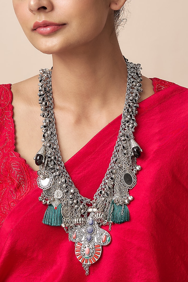 Black Rhodium Finish Long Bohemian Necklace by Qisbyashmeet at Pernia's Pop Up Shop