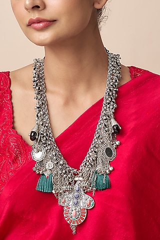 Black Rhodium Finish Long Bohemian Necklace by Qisbyashmeet