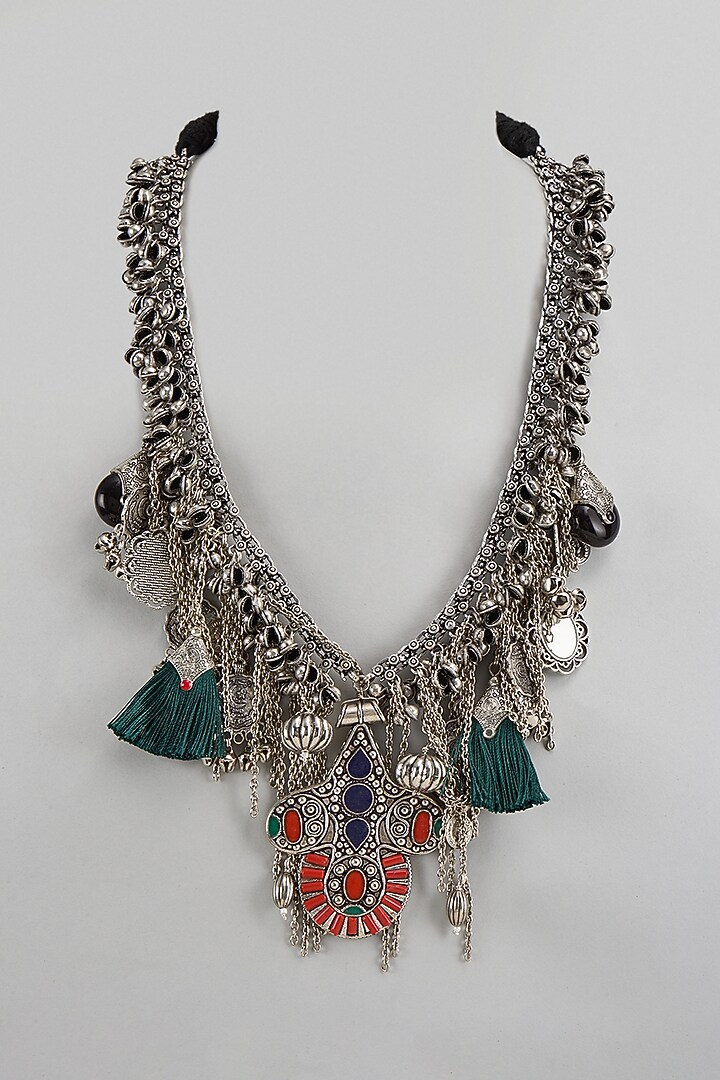 Black Rhodium Finish Long Bohemian Necklace by Qisbyashmeet at Pernia's Pop Up Shop