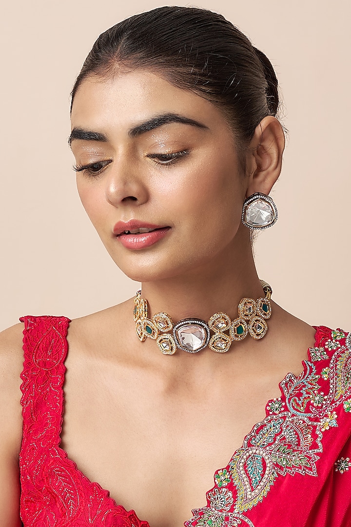 Two-Tone Finish Kundan Polki Choker Necklace Set by Qisbyashmeet at Pernia's Pop Up Shop