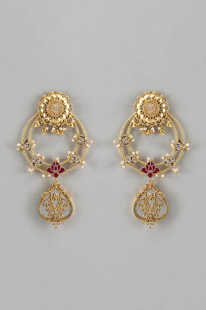 Gold Finish Kundan Polki & Mirror Chandbali Earrings by Qisbyashmeet at Pernia's Pop Up Shop