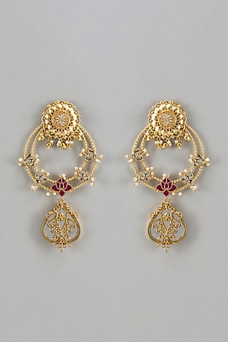 Gold Finish Kundan Polki & Mirror Chandbali Earrings by Qisbyashmeet
