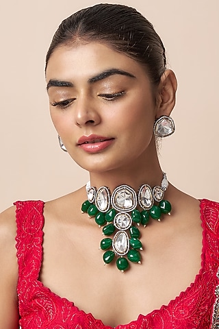 Two-Tone Finish Emerald Stone & Kundan Polki Choker Necklace Set by Qisbyashmeet