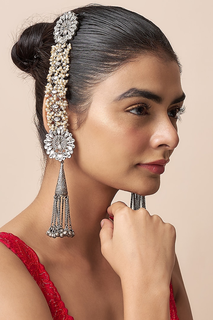 Black Rhodium Finish Kundan Polki Dangler Earrings by Qisbyashmeet at Pernia's Pop Up Shop