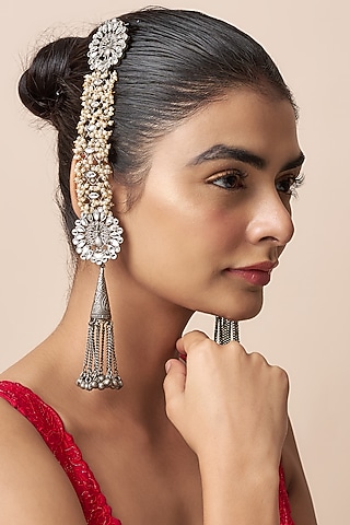 Black Rhodium Finish Kundan Polki Dangler Earrings by Qisbyashmeet