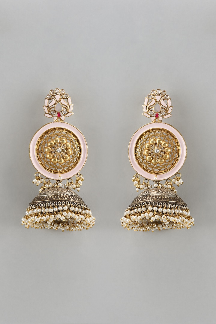 Two-Tone Finish Kundan Polki Jhumka Earrings by Qisbyashmeet at Pernia's Pop Up Shop