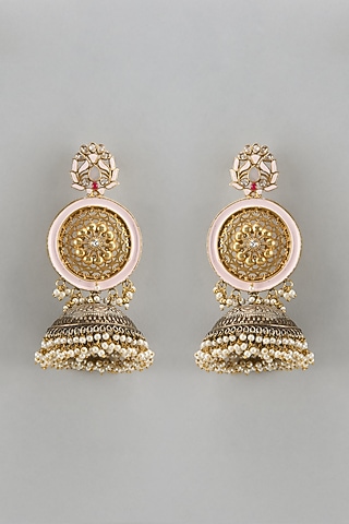 Two-Tone Finish Kundan Polki Jhumka Earrings by Qisbyashmeet