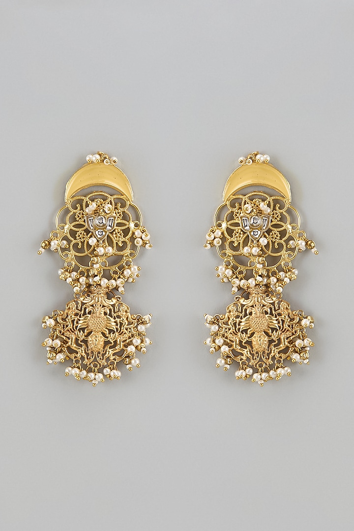 Gold Finish Kundan Polki Chandbali Earrings by Qisbyashmeet at Pernia's Pop Up Shop