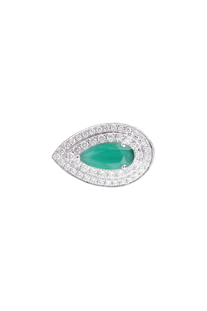 18kt White gold pear emerald and diamond ring by Qira Fine Jewellery