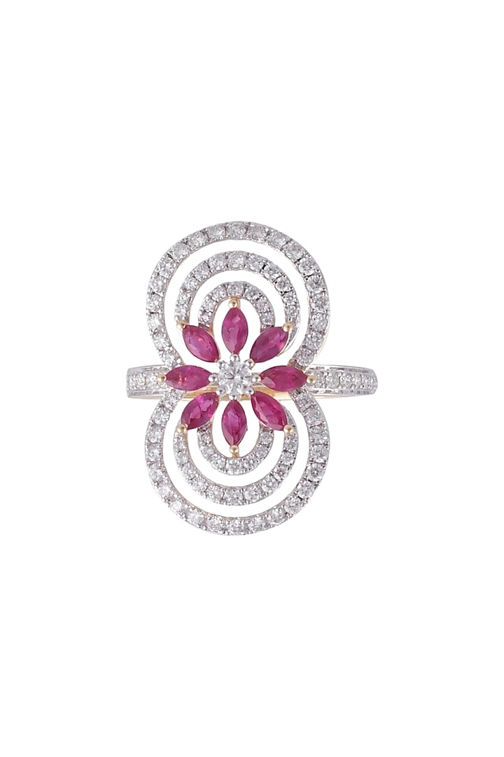 18kt Yellow gold floral ruby and diamond circle ring by Qira Fine Jewellery
