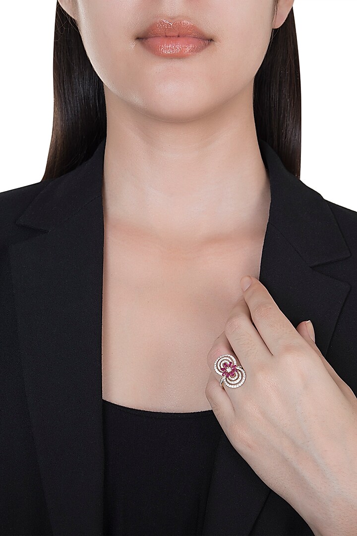 18kt Yellow gold floral ruby and diamond circle ring by Qira Fine Jewellery at Pernia's Pop Up Shop
