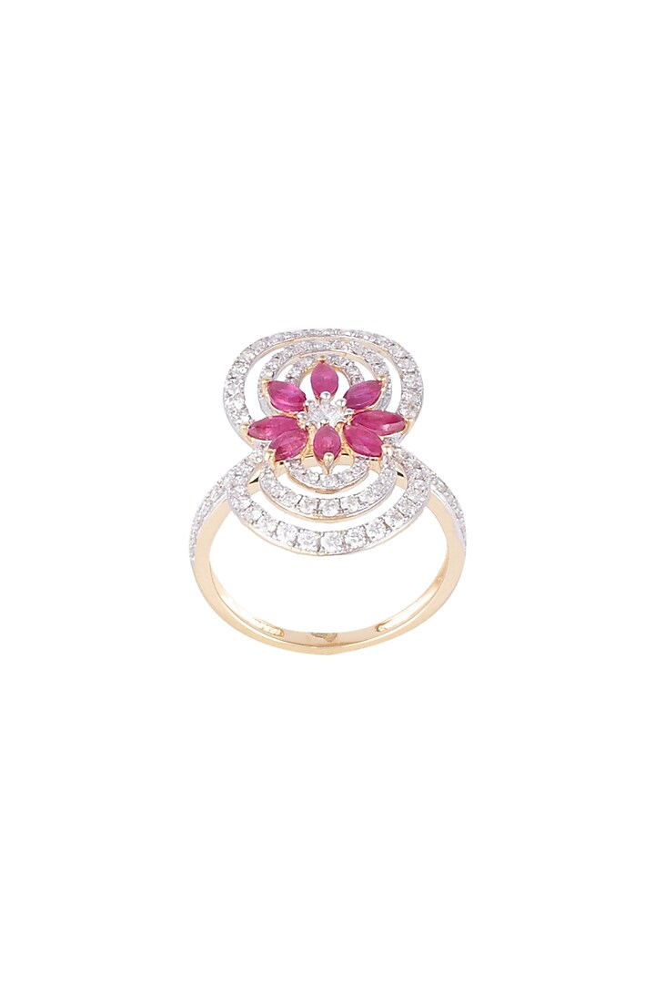 18kt Yellow gold floral ruby and diamond circle ring by Qira Fine Jewellery at Pernia's Pop Up Shop