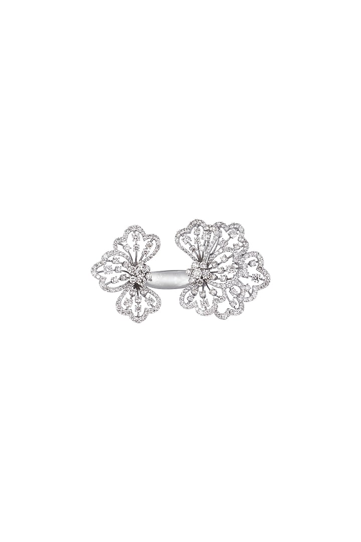 18kt White gold flexible petal flower diamond ring by Qira Fine Jewellery